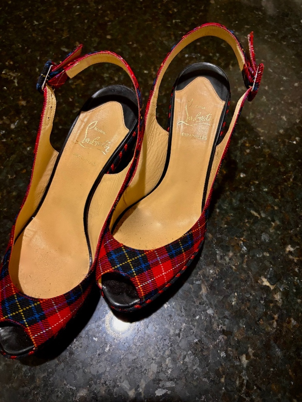 Louboutin⎻Red Tartan Wedge Heel Espadrilles, US 7.5